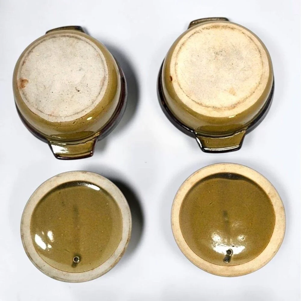 ​Vintage Stoneware Mini Casserole Crocks Set of 4 Avocado Green Brown Drip Glaze